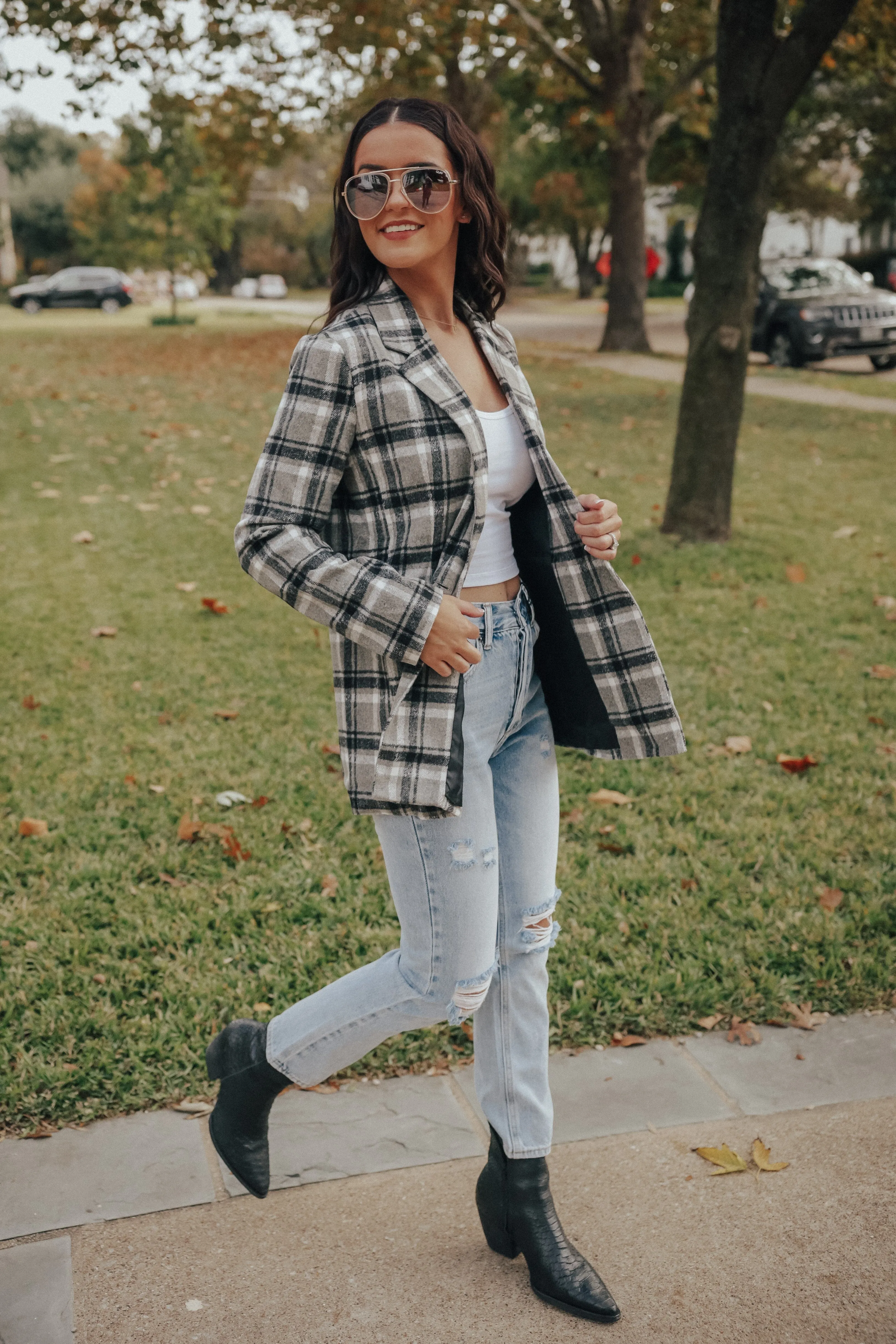 Grey Plaid Double Breasted Coat Jacket
