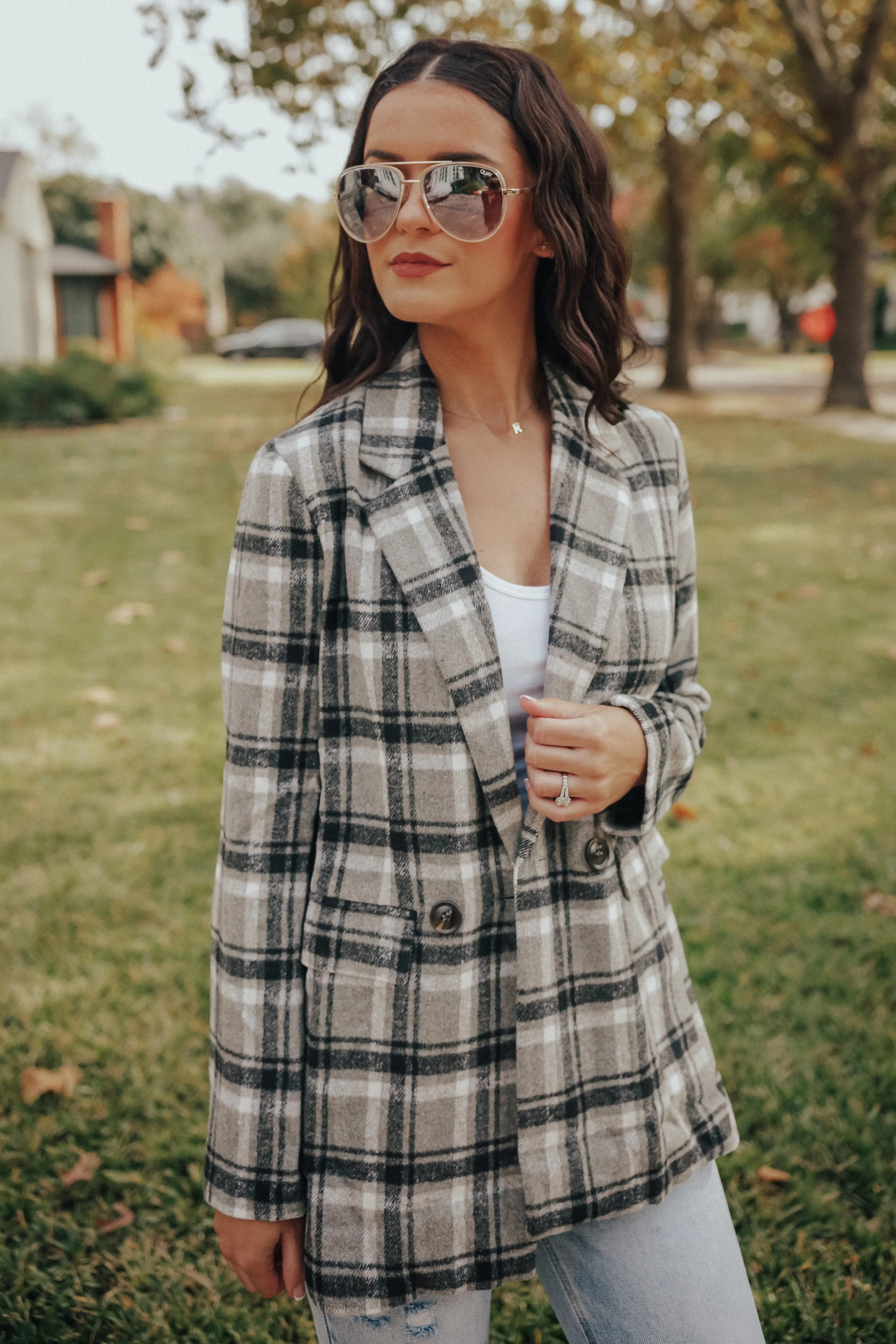 Grey Plaid Double Breasted Coat Jacket