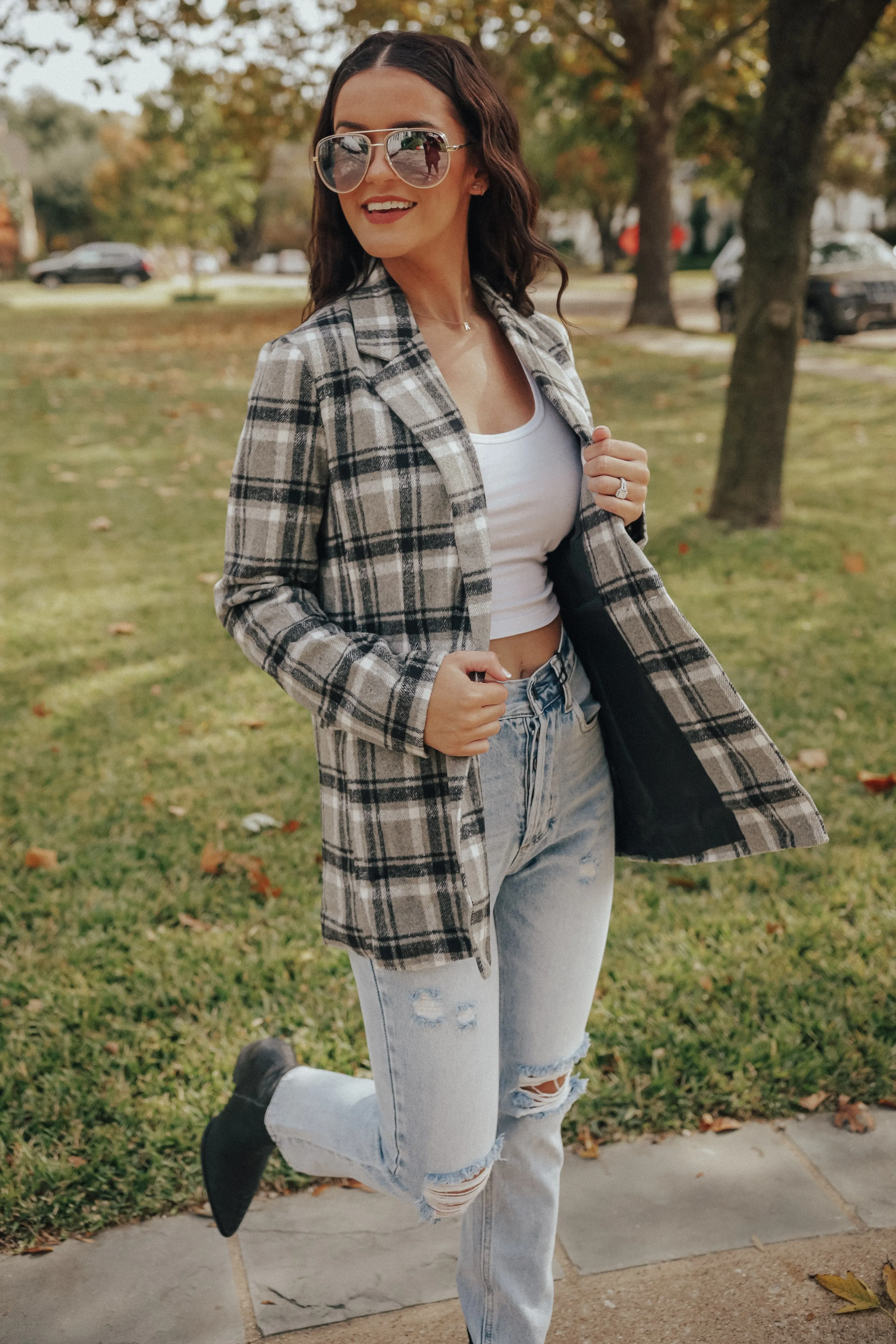 Grey Plaid Double Breasted Coat Jacket