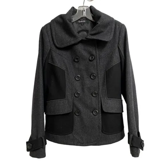Guess Wool Blend Colorblock Pea Coat Jacket Size M Grey Black Long Sleeve Retro