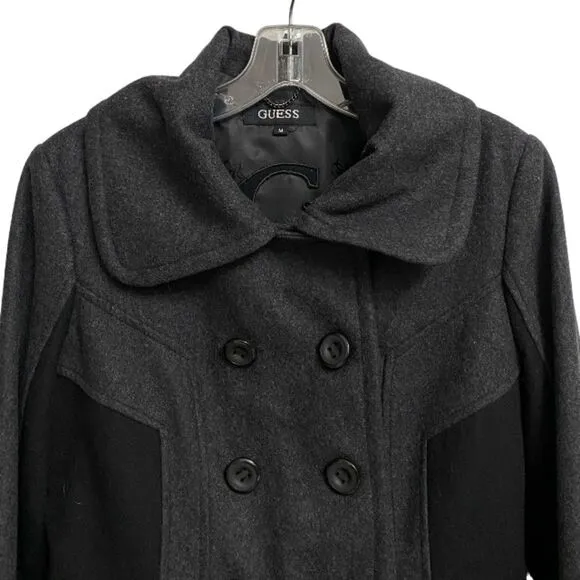 Guess Wool Blend Colorblock Pea Coat Jacket Size M Grey Black Long Sleeve Retro