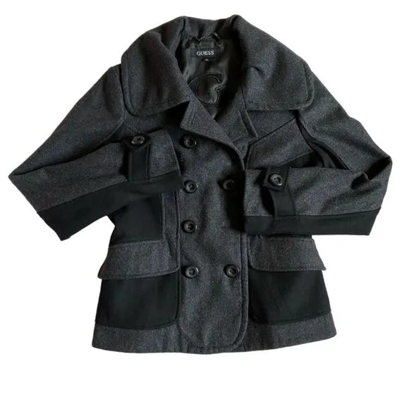 Guess Wool Blend Colorblock Pea Coat Jacket Size M Grey Black Long Sleeve Retro