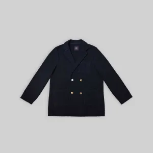 Handwoven Navy Double-Breasted Jacket with Mettalic Buttons