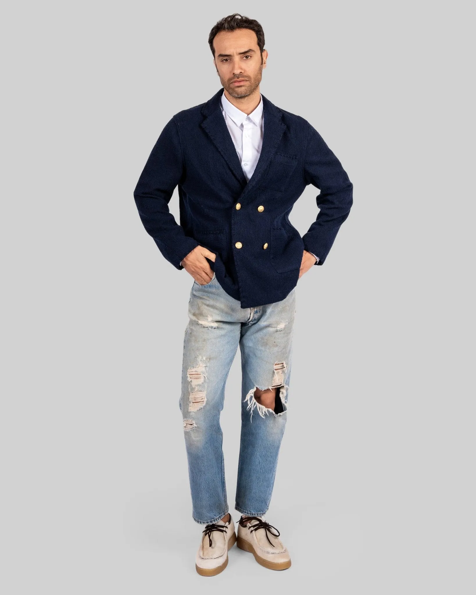Handwoven Navy Double-Breasted Jacket with Mettalic Buttons