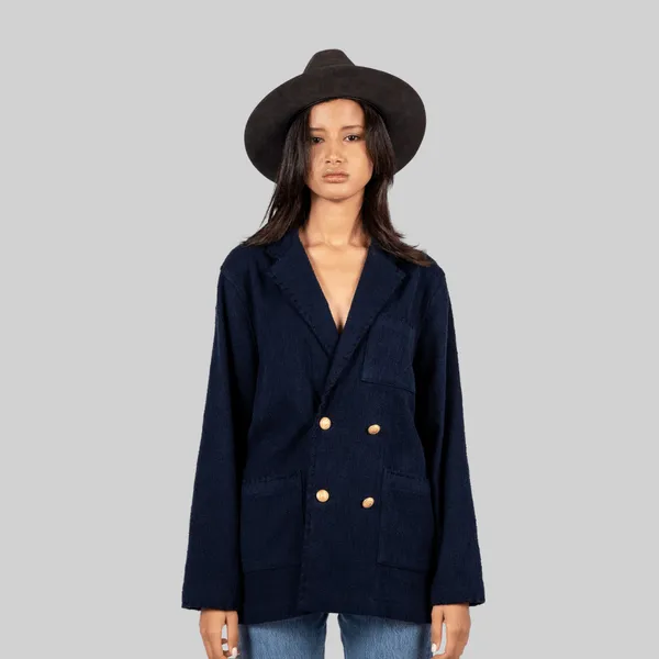 Handwoven Navy Double-Breasted Jacket with Mettalic Buttons