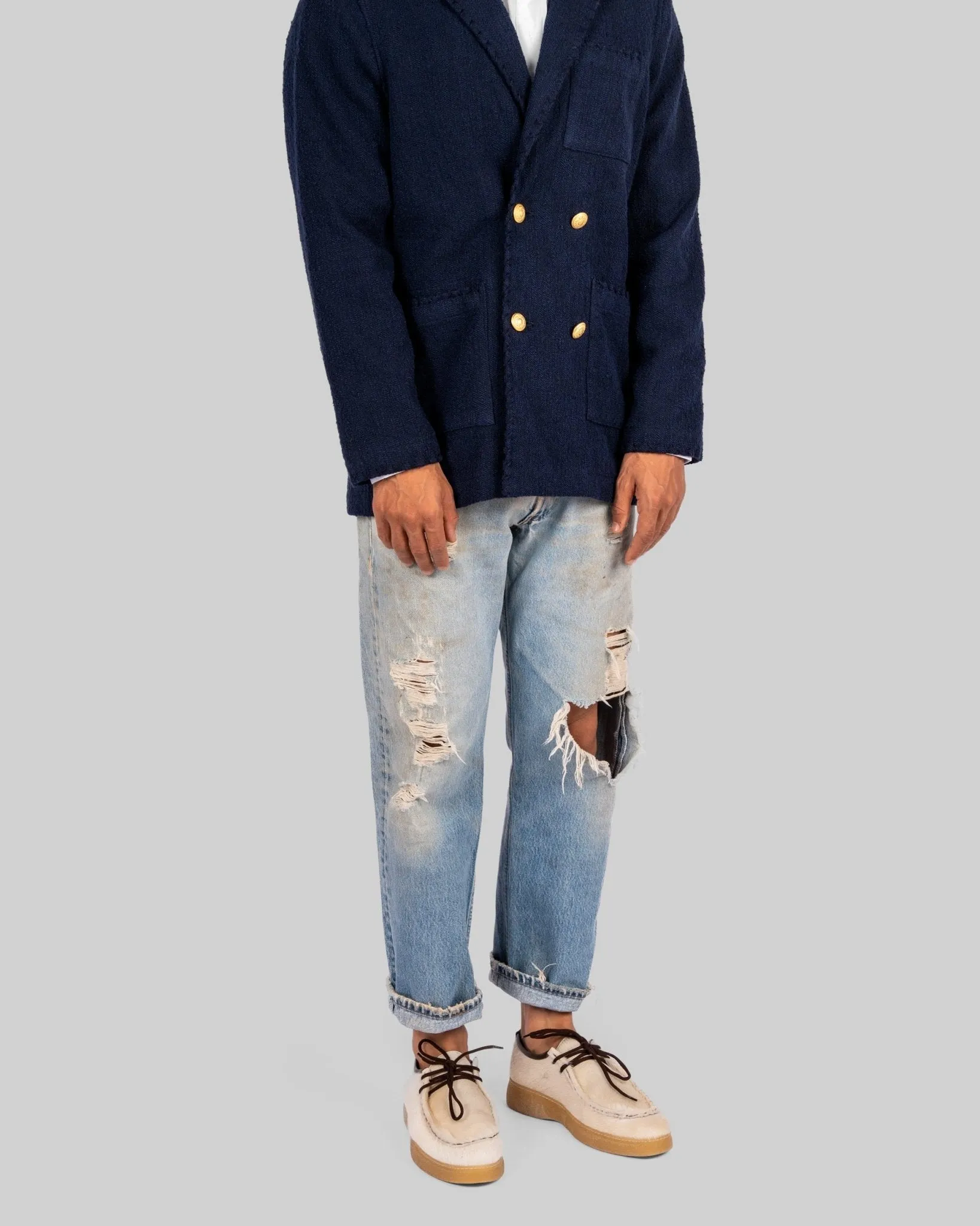 Handwoven Navy Double-Breasted Jacket with Mettalic Buttons
