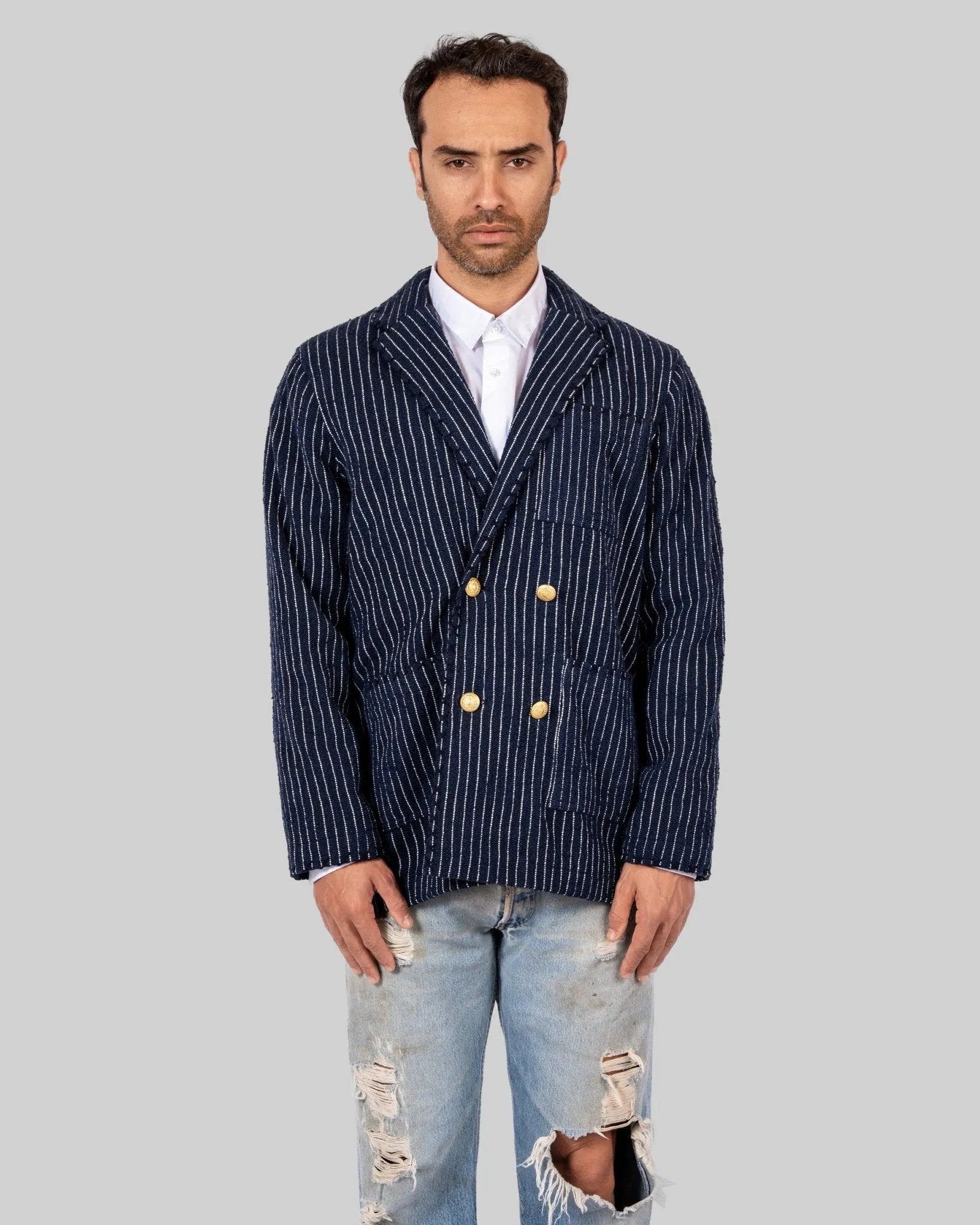 Handwoven Pinstripe Double-Breasted Jacket with Metallic Buttons