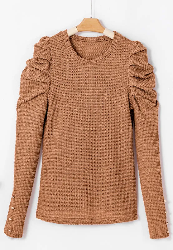 Hazel Blues® |  Decorative Button Round Neck Puff Sleeve Blouse