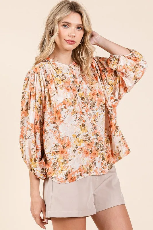 Hazel Blues® |  Mittoshop Flower Print Batwing Sleeve Button Down Blouse
