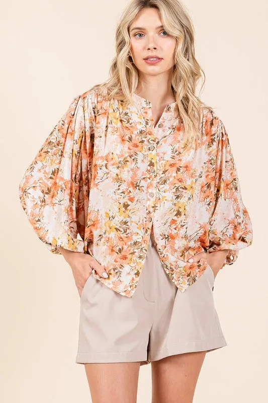 Hazel Blues® |  Mittoshop Flower Print Batwing Sleeve Button Down Blouse