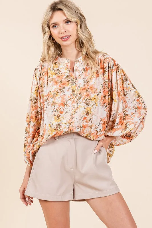 Hazel Blues® |  Mittoshop Flower Print Batwing Sleeve Button Down Blouse