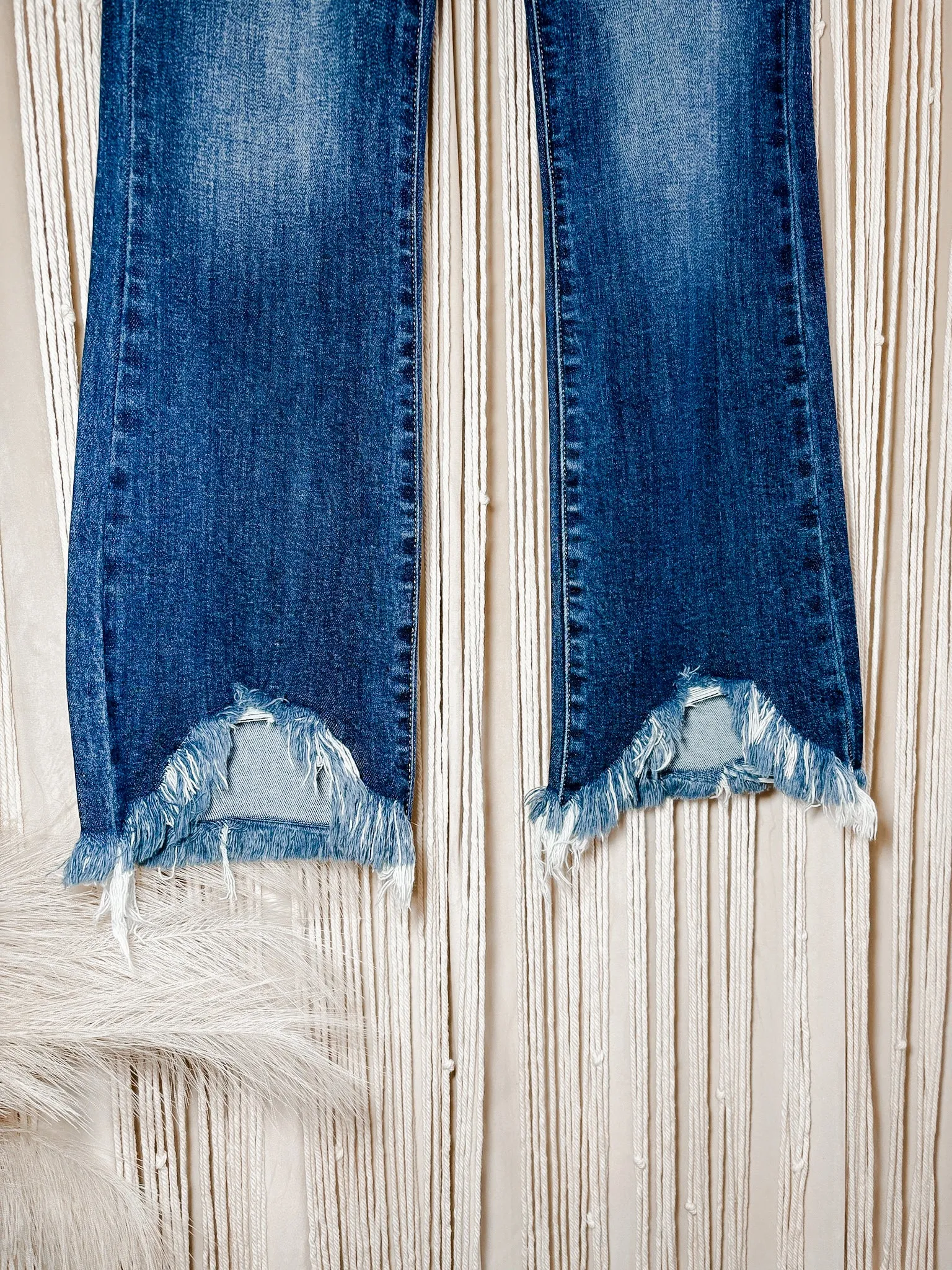 High Rise Fray Hem Ankle Bootcut Jeans