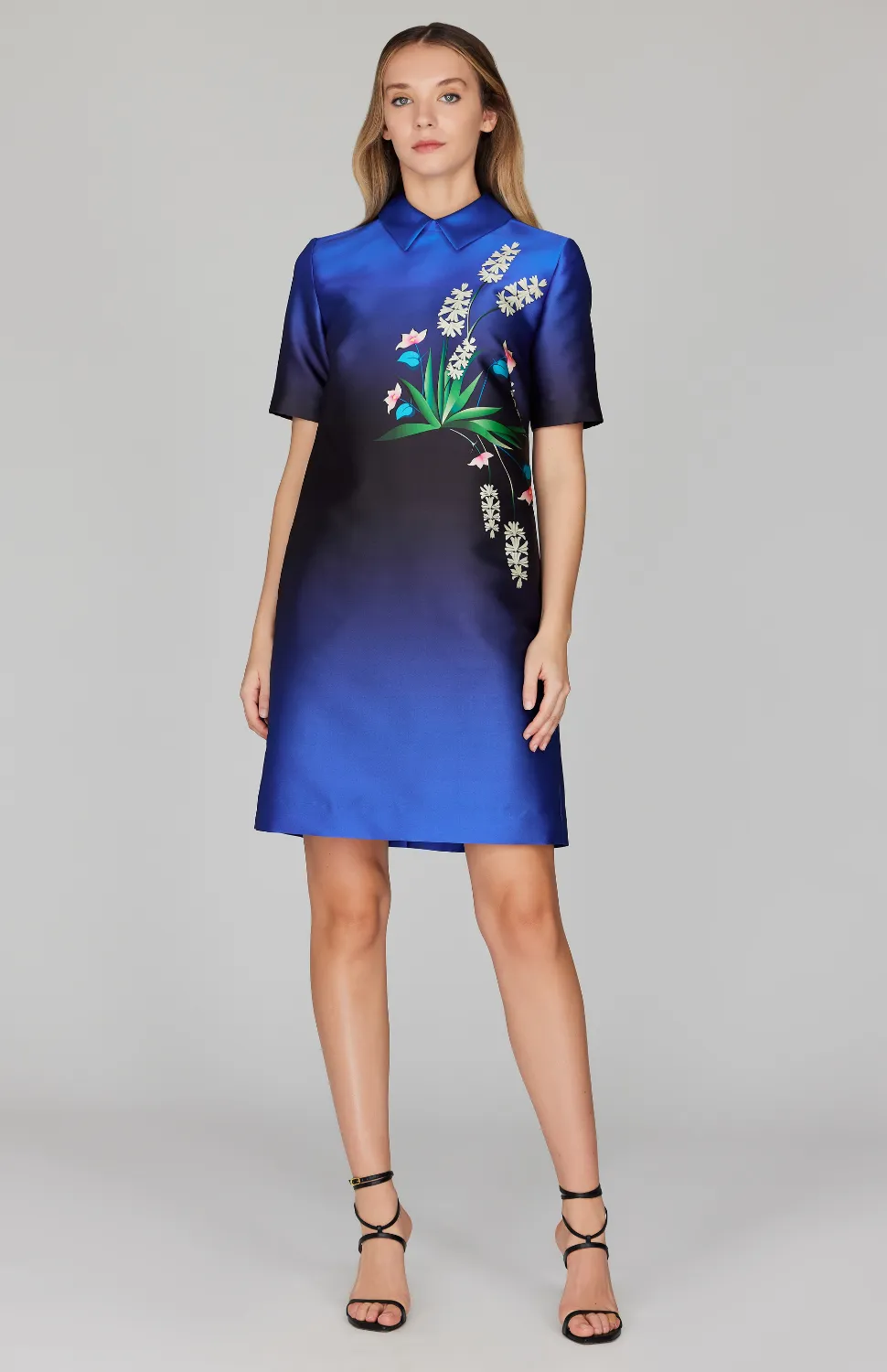 Hyacinth Print Short Sleeve Collared Shift Dress