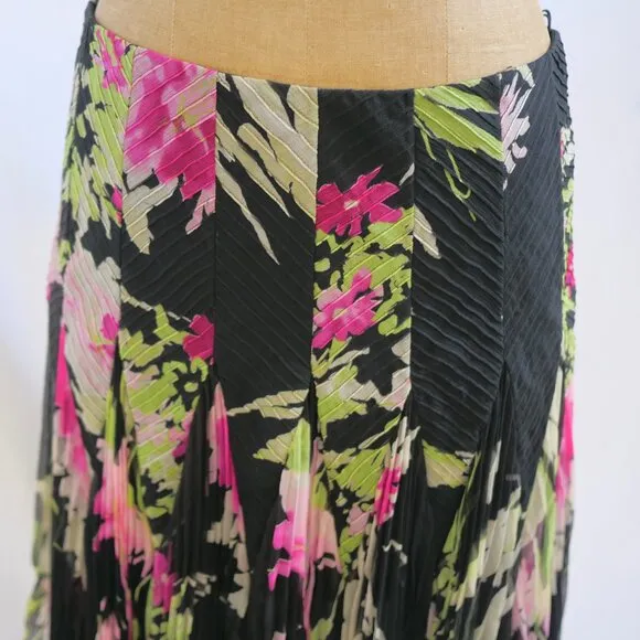 J MENDEL Paris Black Floral Silk Chiffon Full Soft Pleated Skirt 6 EUC