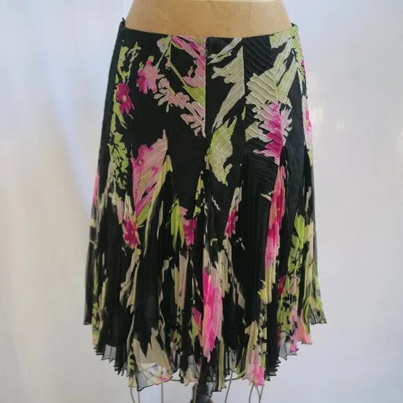J MENDEL Paris Black Floral Silk Chiffon Full Soft Pleated Skirt 6 EUC