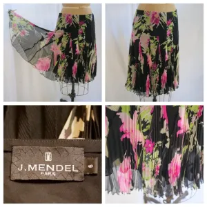 J MENDEL Paris Black Floral Silk Chiffon Full Soft Pleated Skirt 6 EUC