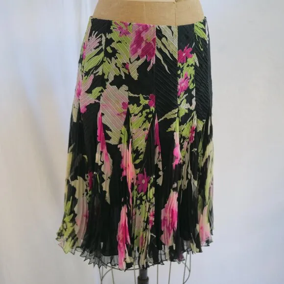 J MENDEL Paris Black Floral Silk Chiffon Full Soft Pleated Skirt 6 EUC