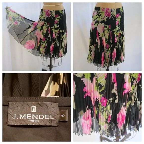 J MENDEL Paris Black Floral Silk Chiffon Full Soft Pleated Skirt 6 EUC