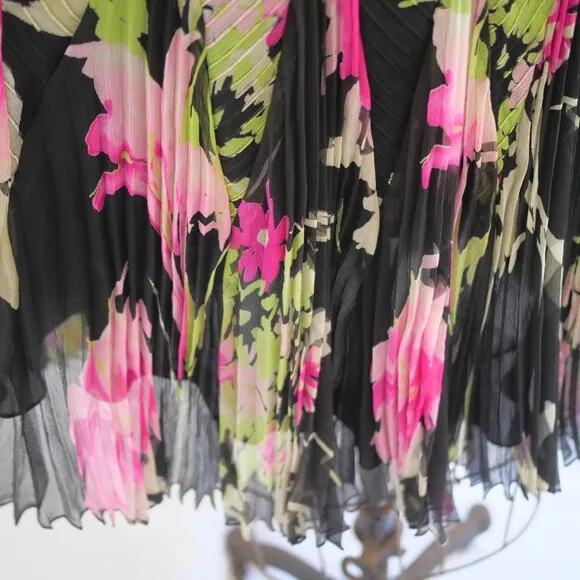 J MENDEL Paris Black Floral Silk Chiffon Full Soft Pleated Skirt 6 EUC