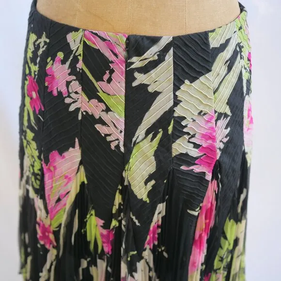 J MENDEL Paris Black Floral Silk Chiffon Full Soft Pleated Skirt 6 EUC