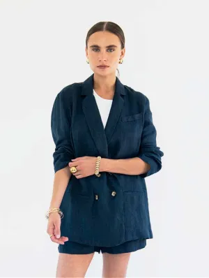 Jane Linen Double Breasted Jacket | Midnight