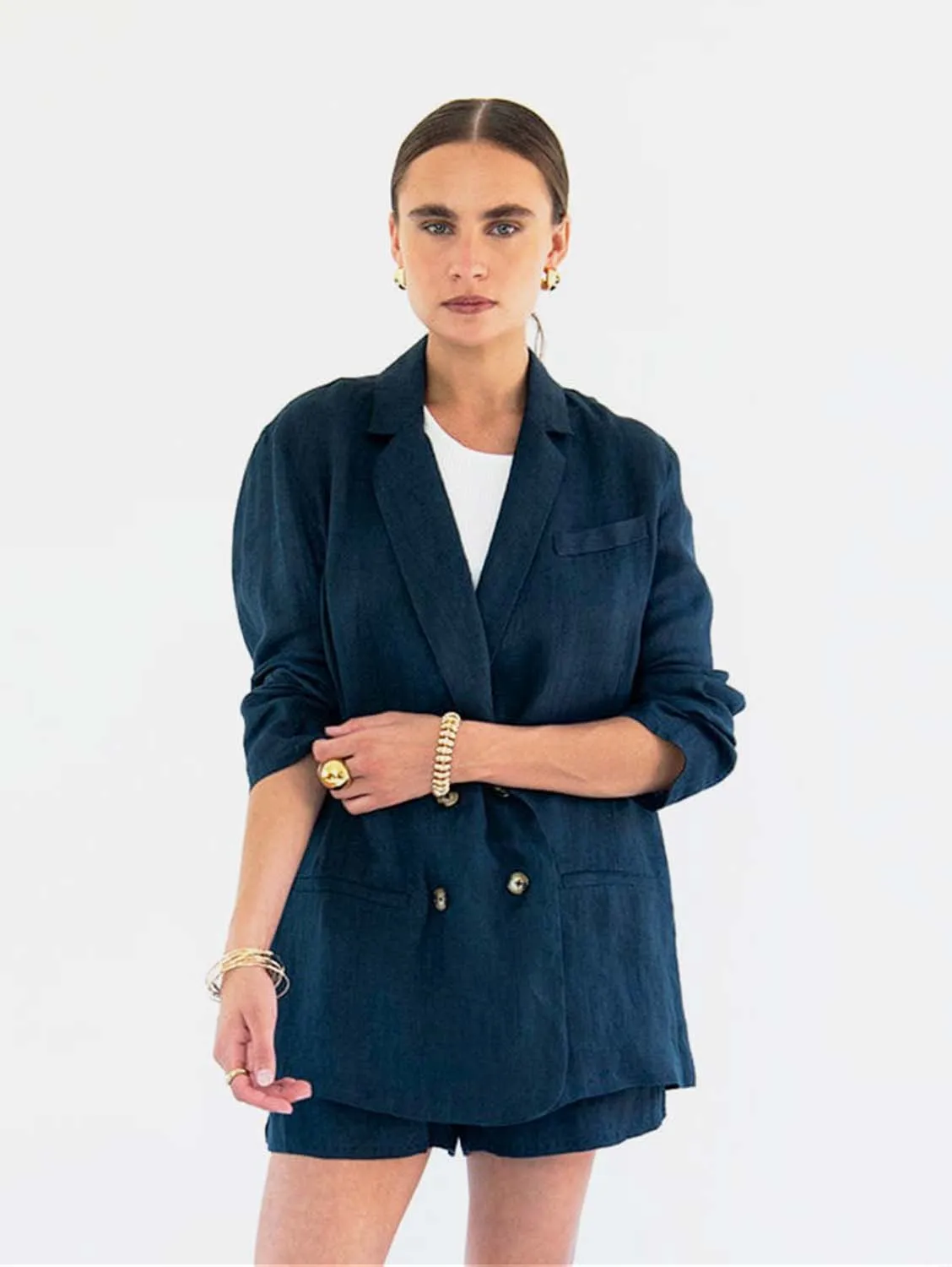 Jane Linen Double Breasted Jacket | Midnight