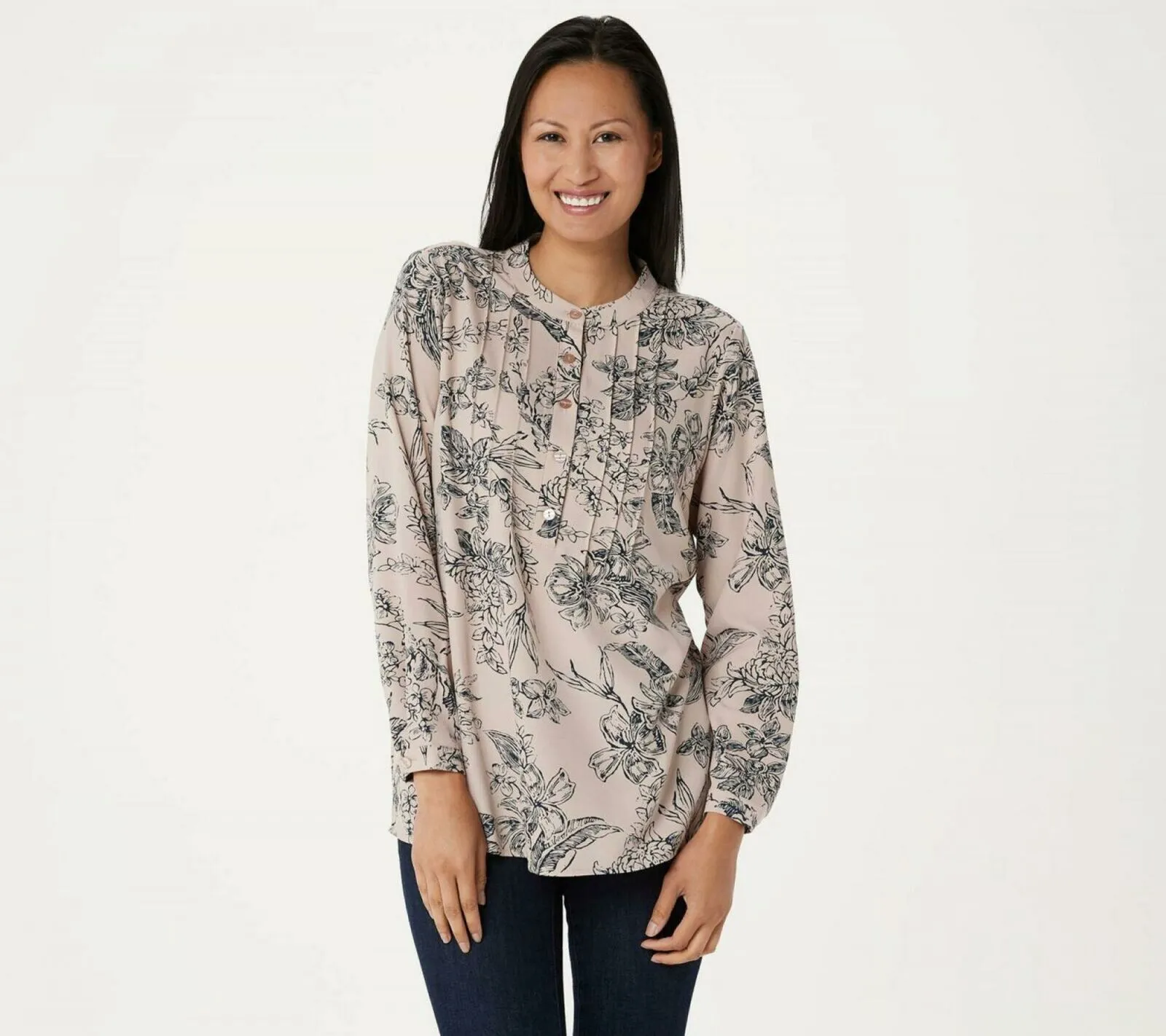 Joan Rivers Women's Floral Print Blouse With Pintuck Detail