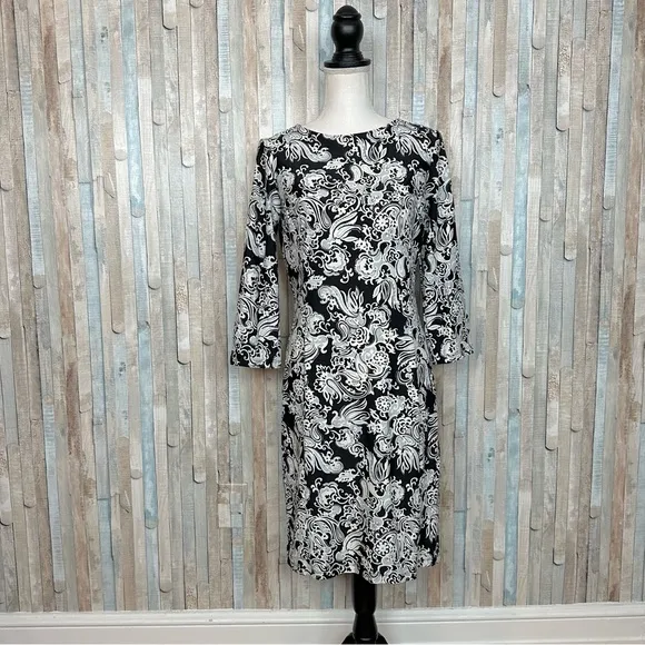 Jude Connally M Paisley Print Marlowe Stretch Jersey Knit Shift Dress Black Gray