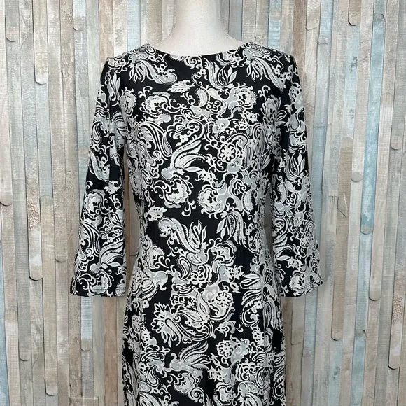 Jude Connally M Paisley Print Marlowe Stretch Jersey Knit Shift Dress Black Gray
