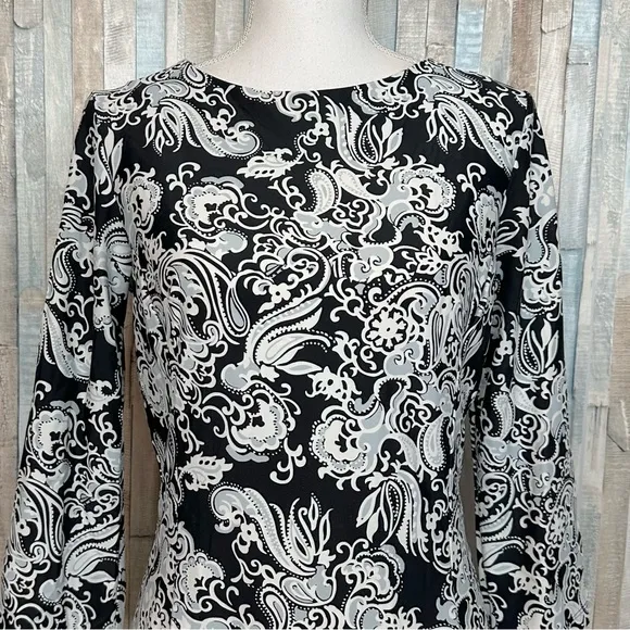 Jude Connally M Paisley Print Marlowe Stretch Jersey Knit Shift Dress Black Gray