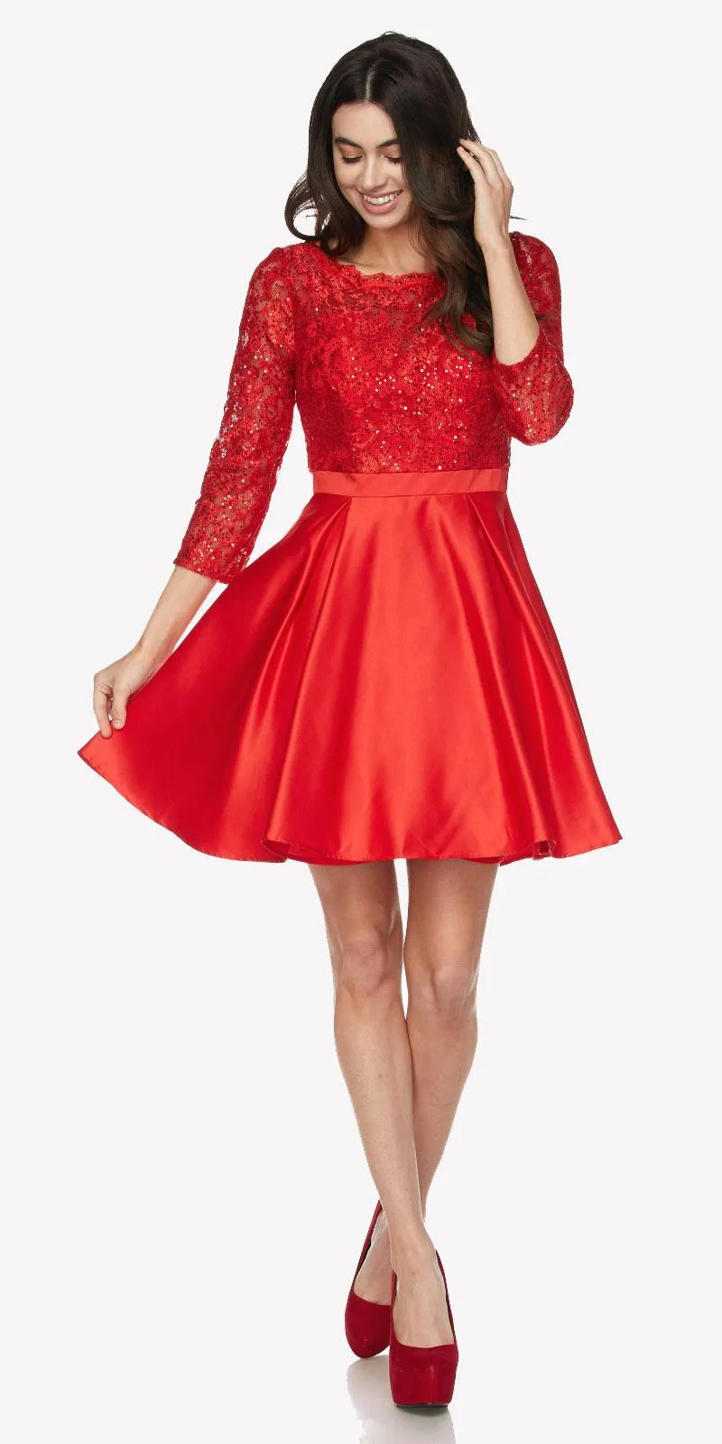 Juliet 796 Lace Sequins Top Mid-Length Sleeves A-Line Short Dress