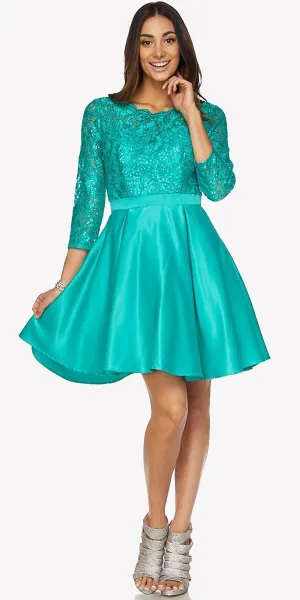 Juliet 796 Lace Sequins Top Mid-Length Sleeves A-Line Short Dress