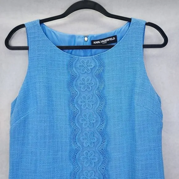 KARL LAGERFELD Paris Shift Dress Sz 8 Light Blue Tweed Floral 3D Appliqué Lace