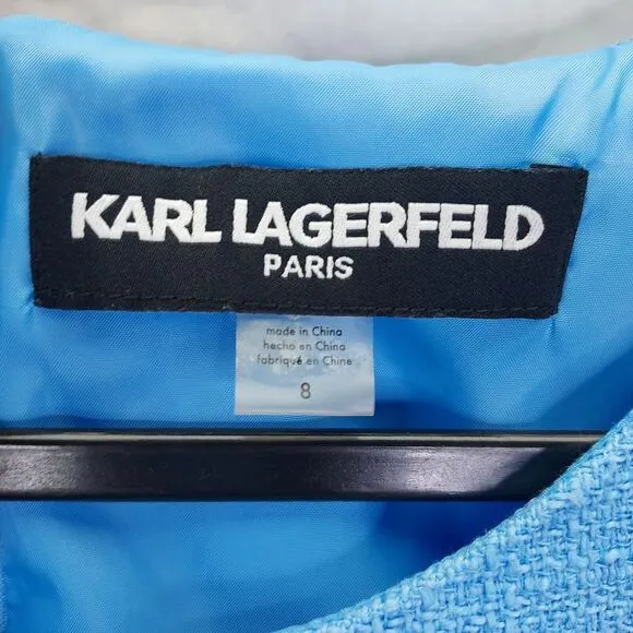 KARL LAGERFELD Paris Shift Dress Sz 8 Light Blue Tweed Floral 3D Appliqué Lace