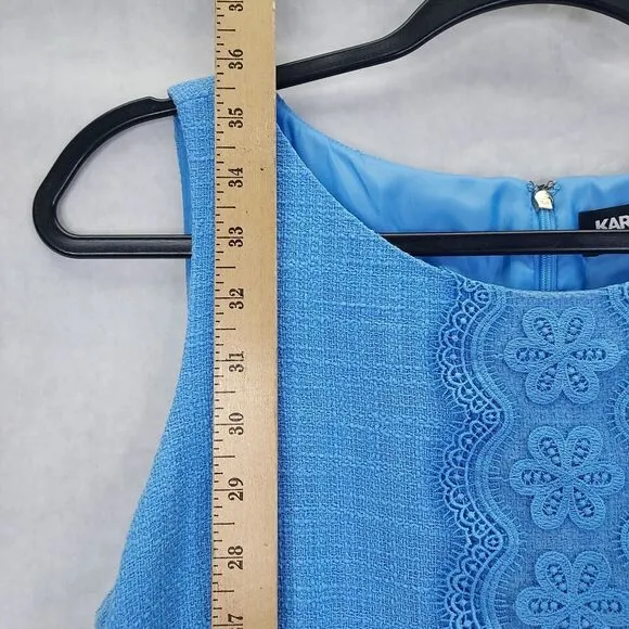 KARL LAGERFELD Paris Shift Dress Sz 8 Light Blue Tweed Floral 3D Appliqué Lace
