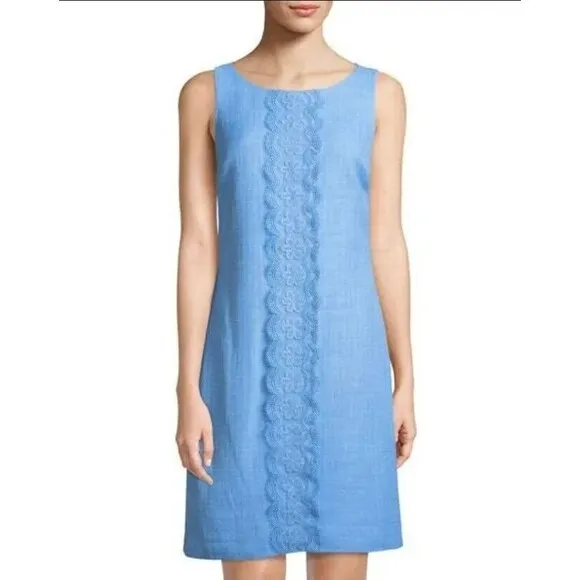 KARL LAGERFELD Paris Shift Dress Sz 8 Light Blue Tweed Floral 3D Appliqué Lace