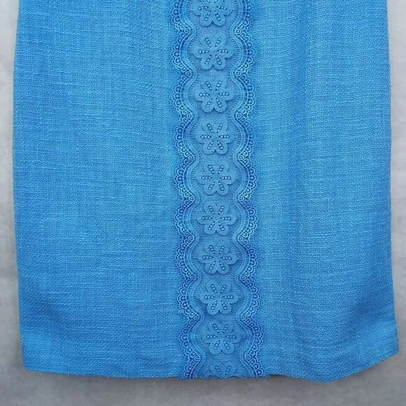 KARL LAGERFELD Paris Shift Dress Sz 8 Light Blue Tweed Floral 3D Appliqué Lace