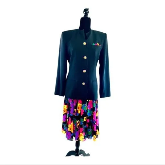 Kasper for A.S.L. Kimono Jacket &amp; Skirt Womens 90s Vintage Sz 6 Crystal Buttons