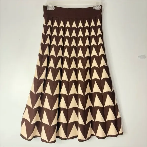 Knit Warm Geometric Print High Waist Pleated Skirt Winter Below Knee Sz Small