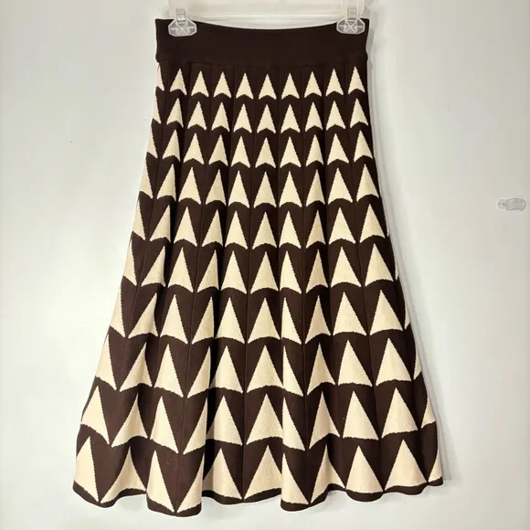 Knit Warm Geometric Print High Waist Pleated Skirt Winter Below Knee Sz Small