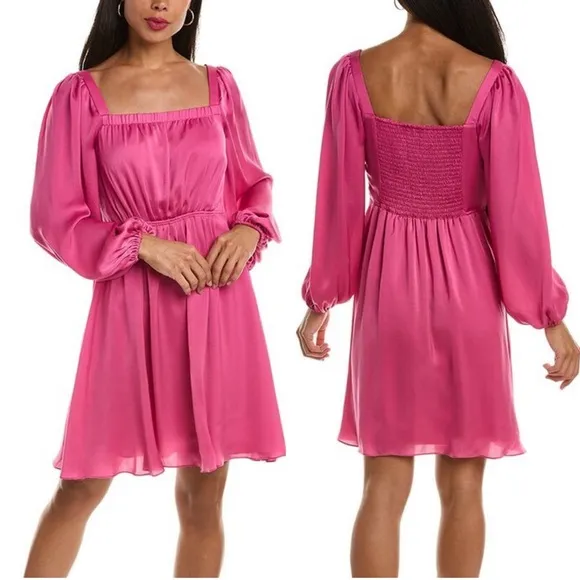 Kobi Halperin NEW Stavy Pleated Smocked Square Neck Dress Pink Medium