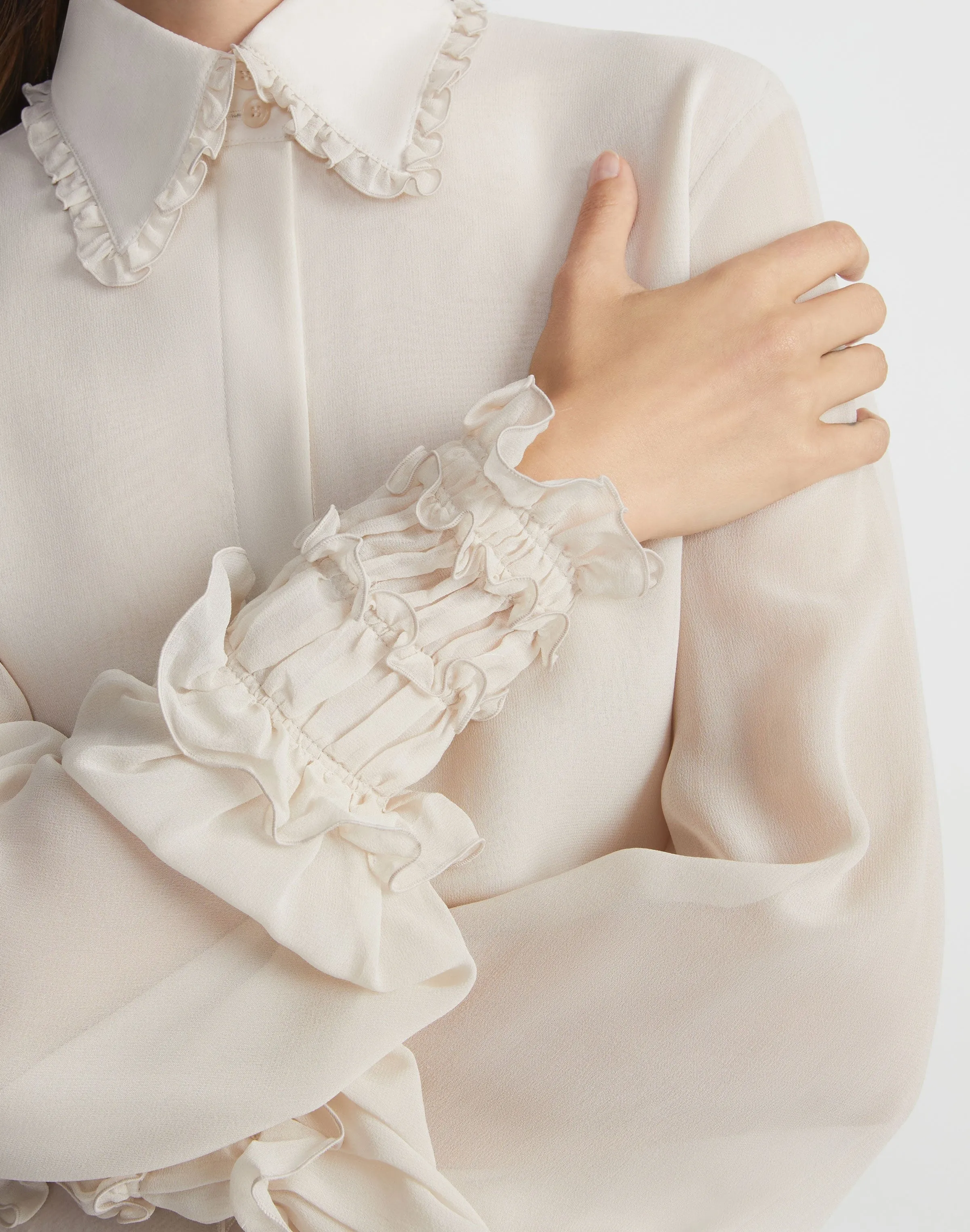 Lafayette 148 Pleated Collar Balloon Sleeve in Pearl