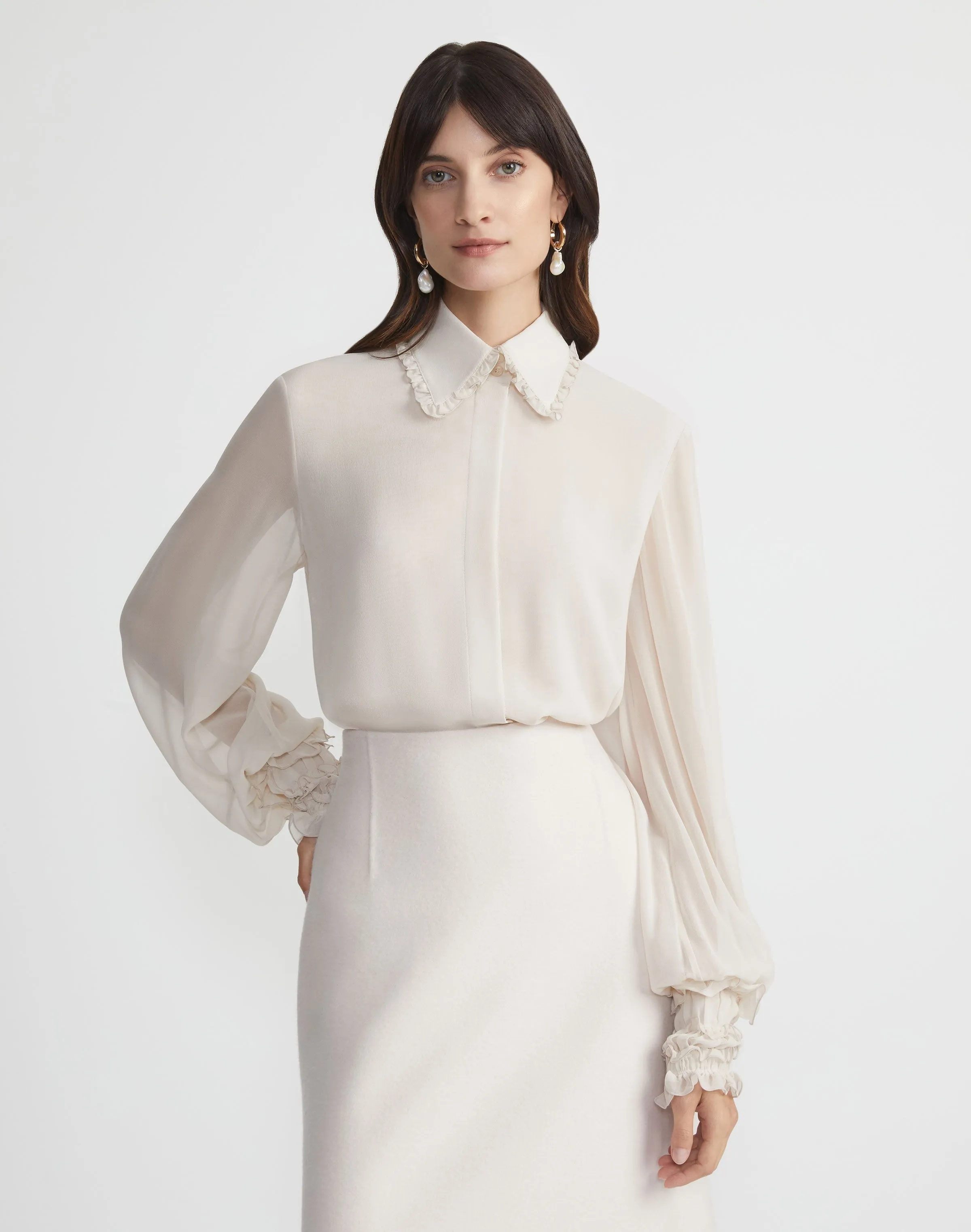 Lafayette 148 Pleated Collar Balloon Sleeve in Pearl