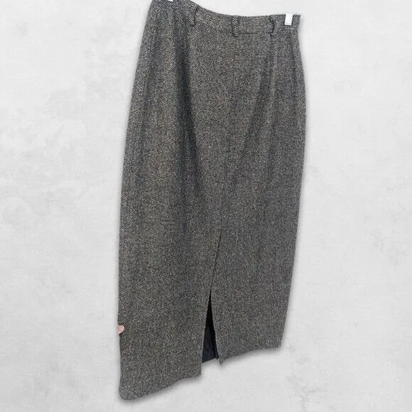 Lauren Ralph Lauren Midi Skirt Wool Fabric Back Slit Houndstooth Gray/Black 10P