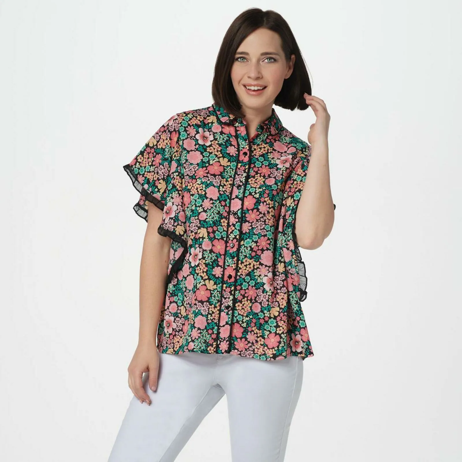 Laurie Felt Women's Butterfly Sleeves Button Front Blouse Coral Floral XL