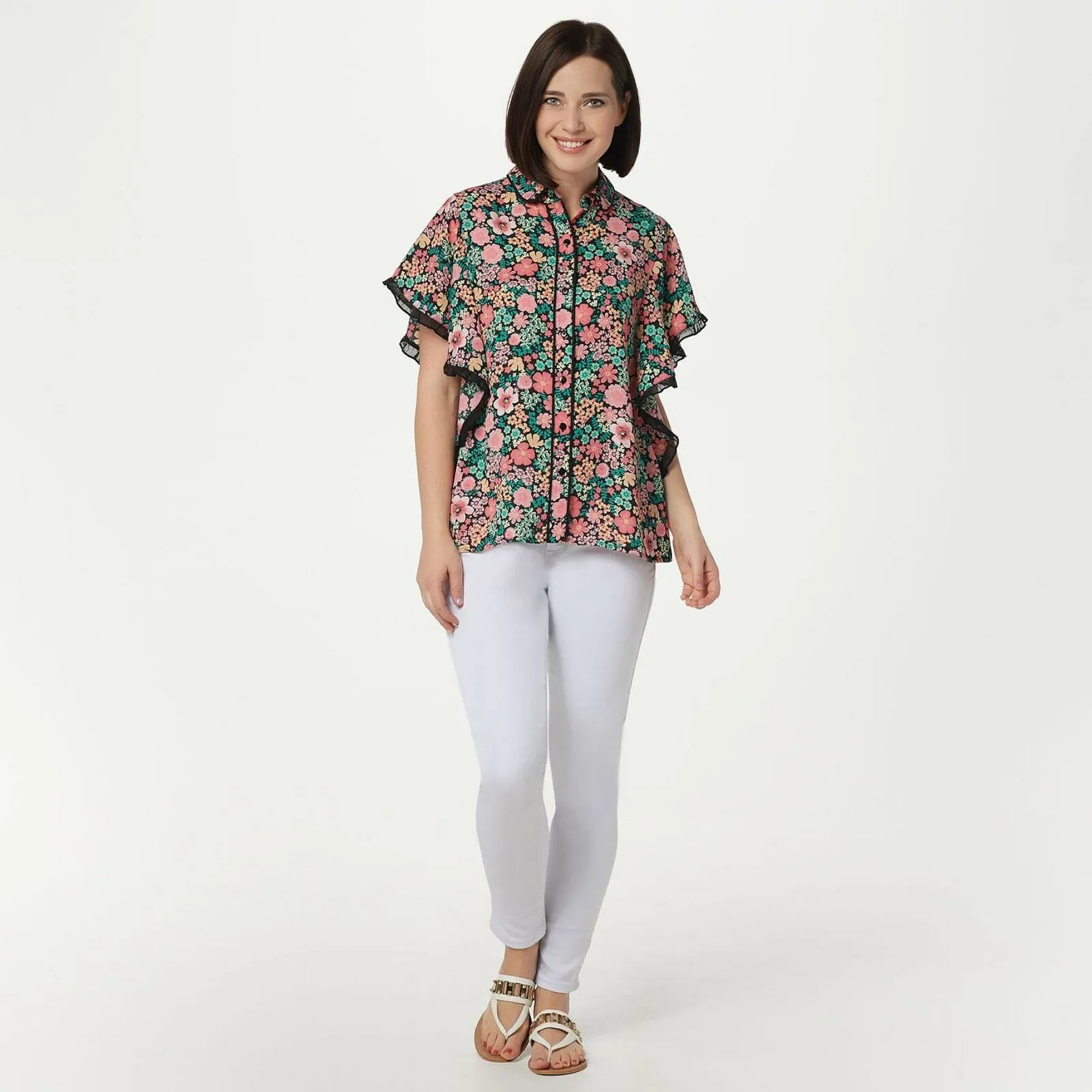 Laurie Felt Women's Butterfly Sleeves Button Front Blouse Coral Floral XL