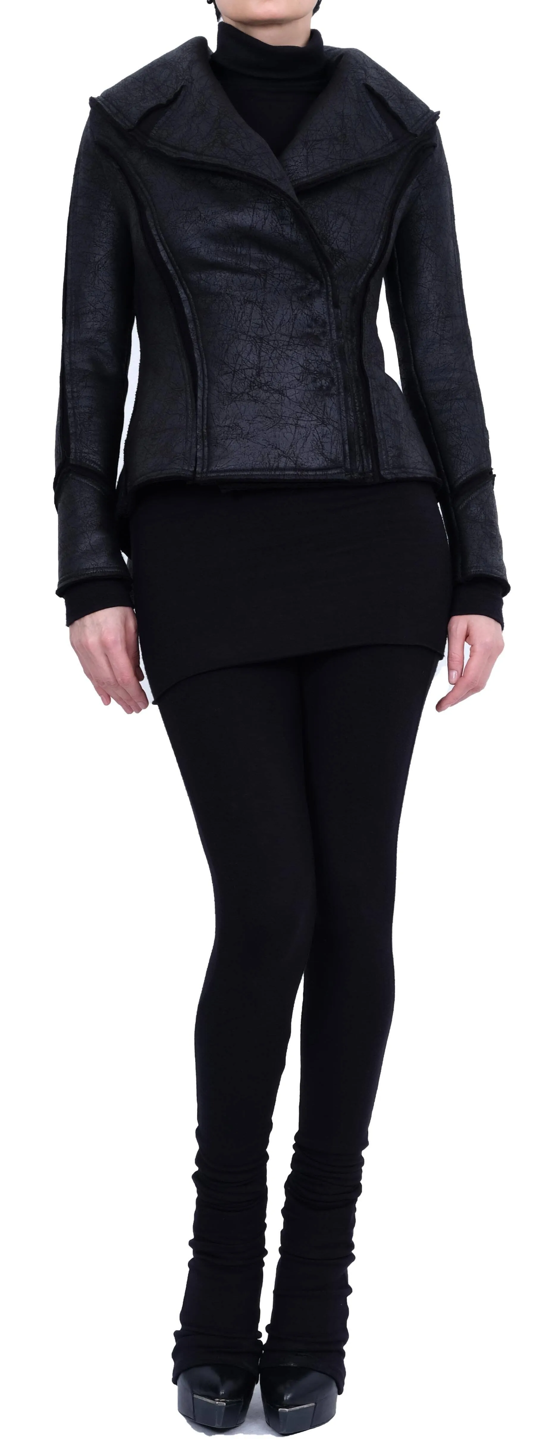 Leather Effect Blazer with Cloverleaf Collar