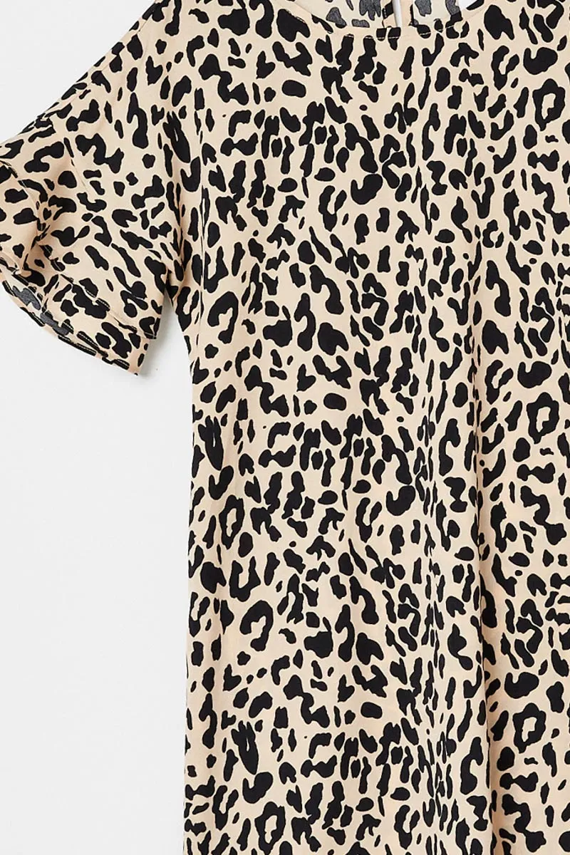 Leopard Ruffle Sleeve Mini Shift Dress