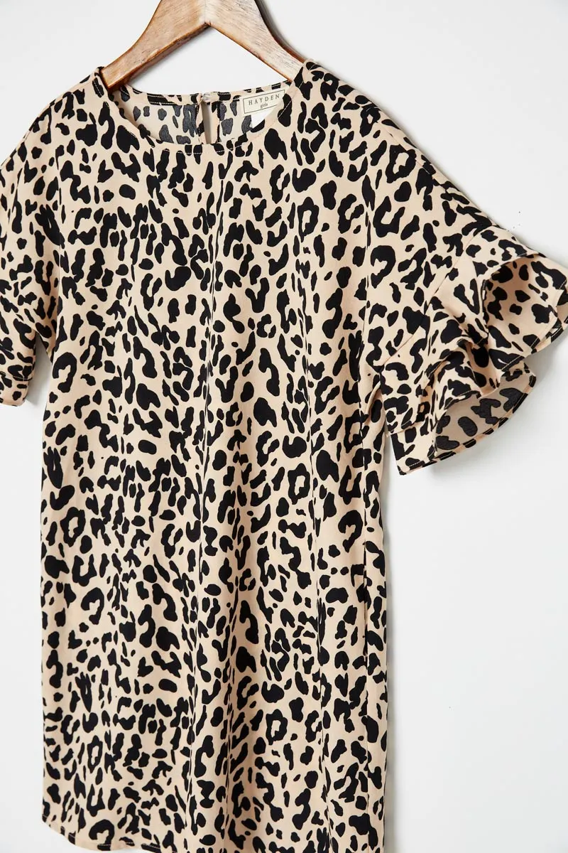 Leopard Ruffle Sleeve Mini Shift Dress