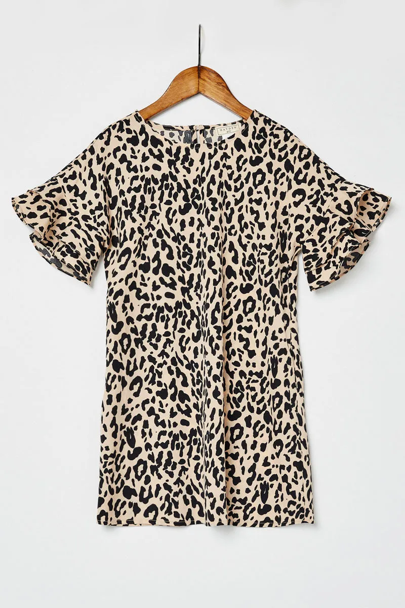 Leopard Ruffle Sleeve Mini Shift Dress